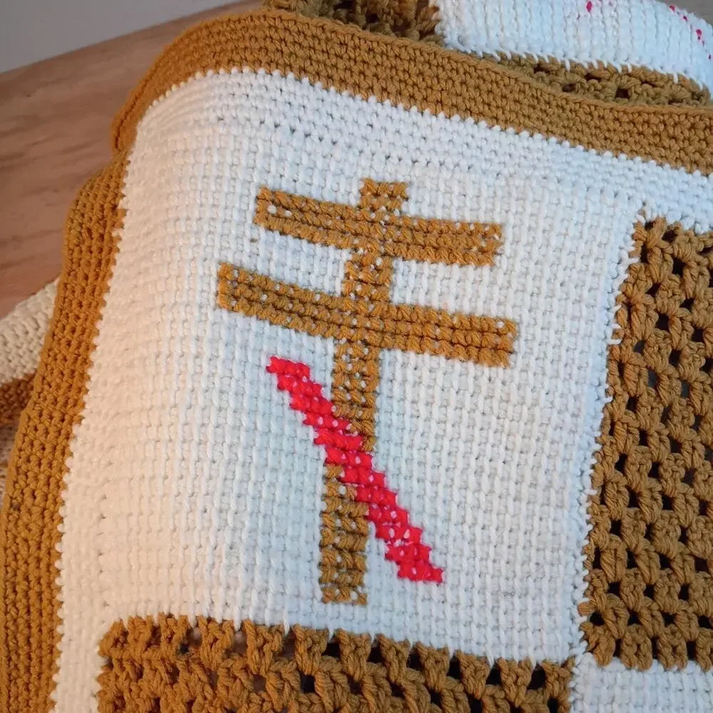 Handmade Crochet Afghan Blanket 64x49 Religious Christian Catholic Gold White